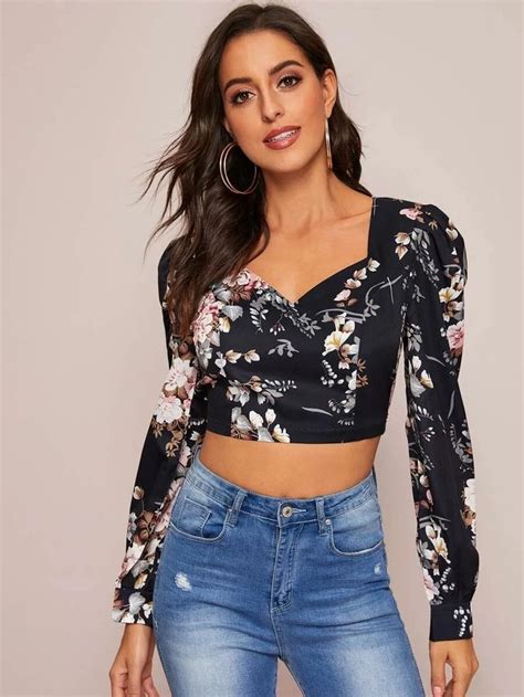 Women Backless Knot Sweetheart Neck Floral Print Crop Top In 2020 Crop Tops Floral Print Crop