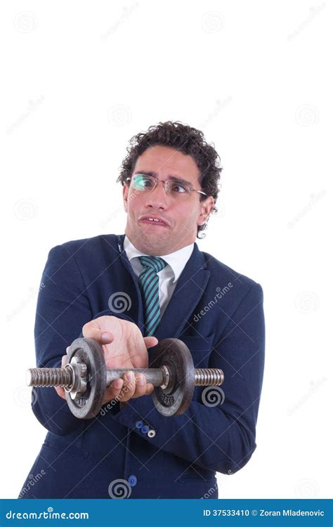 Weak Man With Expression In Suit Lifting A Weight Stock Photo Image