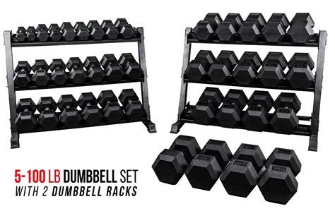 Rep 5 100 Lb Rubber Hex Dumbbell Set With 2 Racks Includes 5 10 15