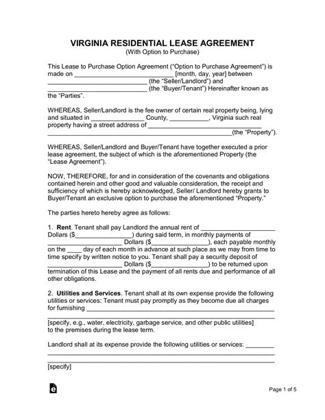 Free Virginia Lease With Purchase Agreement Form Printable Form