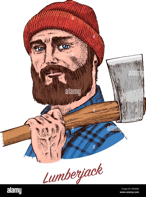 Woodcutter Or Lumberjack With An Ax Traditional Man With A Beard Hipster Works In The Forest