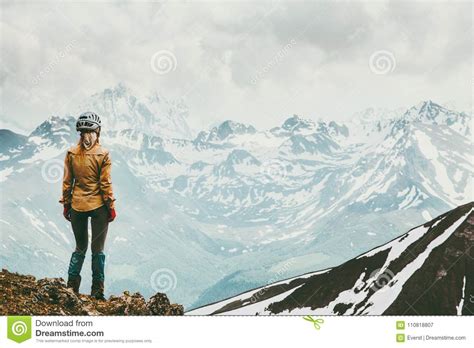 Woman Climber Enjoying Snowy Mountains View Stock Image Image Of