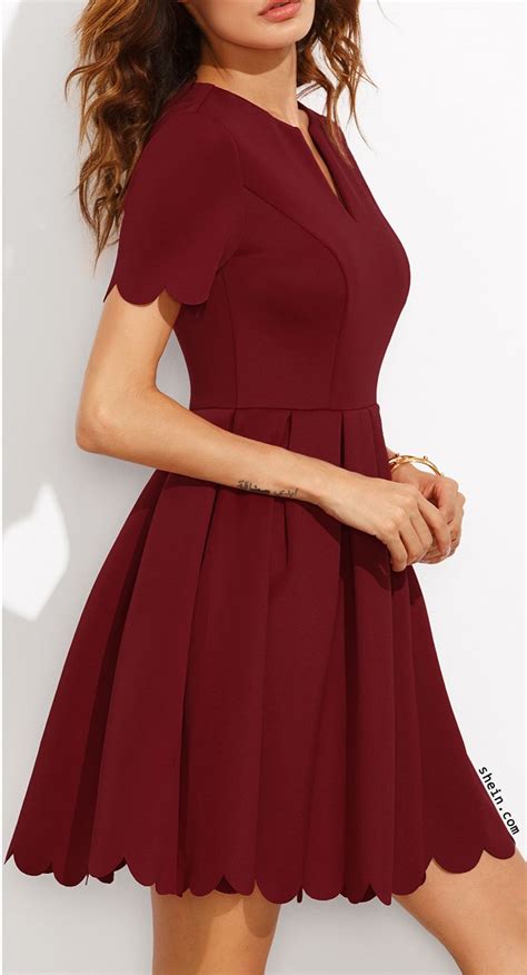 Burgundy Split Neck Scalloped Trim Fit And Flare Dress Fit And Flare