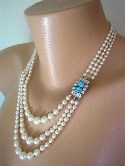 Vintage Pearl Necklace With Side Clasp Vintage Bridal Pearls Pearl And Turquoise Necklace