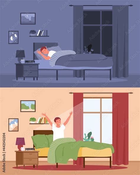 Young Man Sleeping Awakening In Home Bedroom Interior Vector