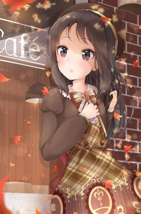 Safebooru 1girl O Absurdres Against Wall Autumn Autumn Leaves Beret Blush Bow Brick Wall