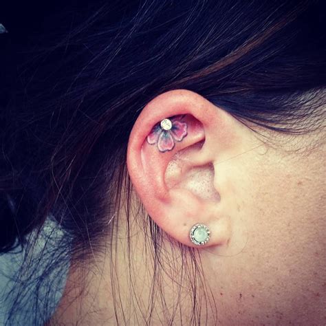 Obsessed With This Flower Ear Tattoo Piercing Combination Ear Tattoo With Piercing Ear