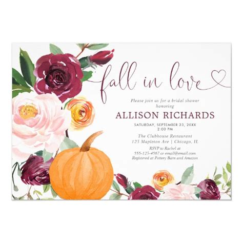 Fall In Love Pumpkin Floral Burgundy Bridal Shower Invitation