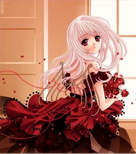 White Haired Anime Angel In Red Dress Anime Angels And
