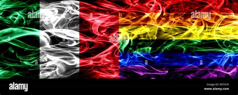 Italy Vs Gay Pride Smoke Flags Placed Side By Side Thick Abstract Colored Silky Smoke Flags