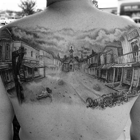 D Like Big Black And White Old Western Town Tattoo On Upper Back