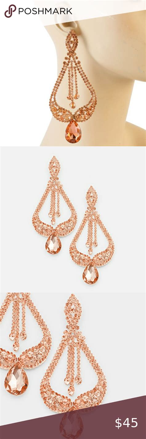 Gold Peach Crystal Oversized Big Dangle Earrings Big Dangle Earrings Pink Statement Earrings