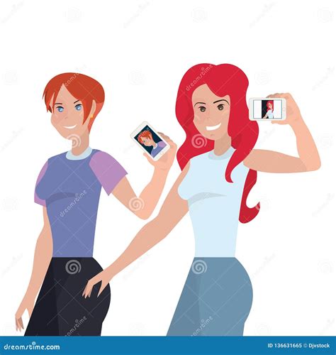 Two Women With Mobile Taking Selfie Stock Vector Illustration Of