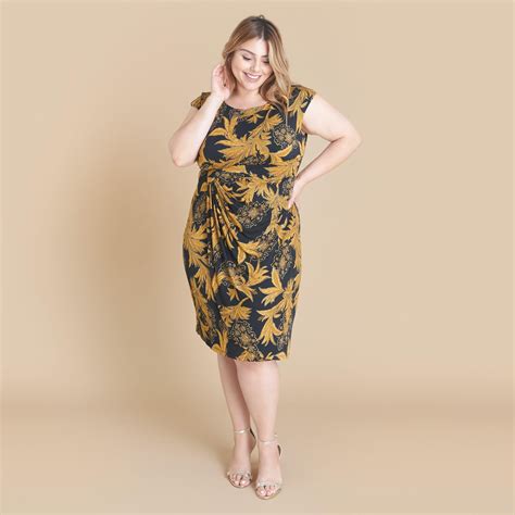 Lisa Mustard Leaf Print Sleeveless Faux Wrap Dress Connected Apparel