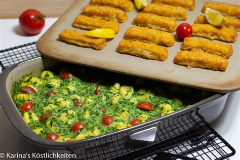 Fischstäbchen mit Spinat- Gnocchi -Auflauf