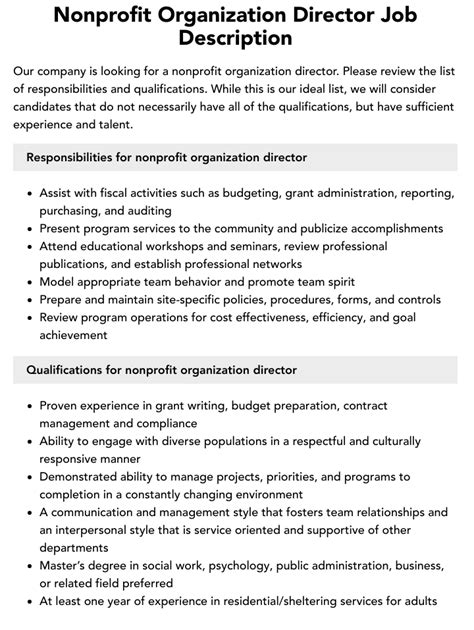 Nonprofit Organization Director Job Description Velvet Jobs