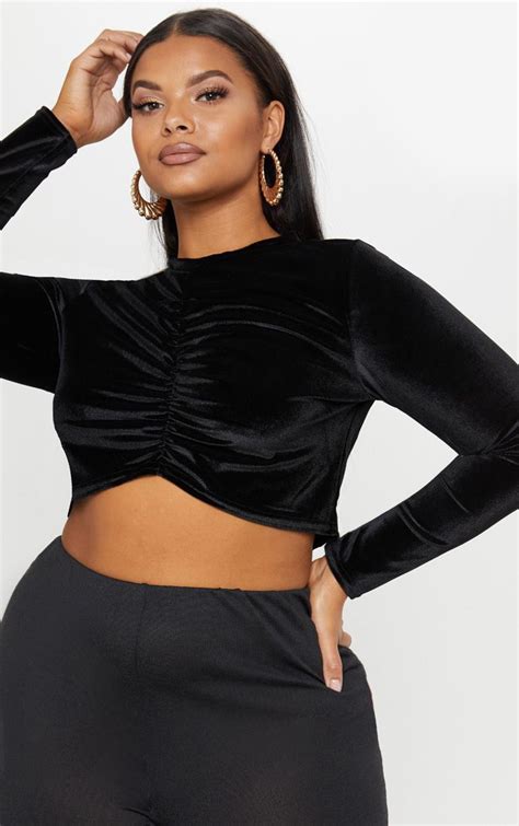 Plus Black Velvet Ruched Crop Top Plus Size Prettylittlething Usa