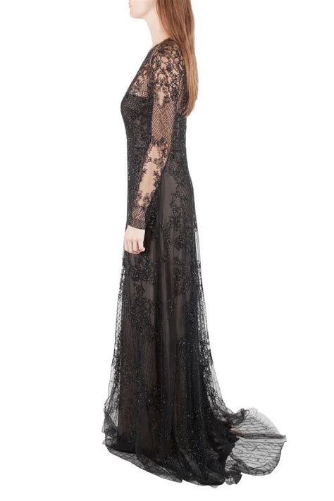 Monique Lhuillier Noir Black Embellished Long Sleeve Evening Gown S At
