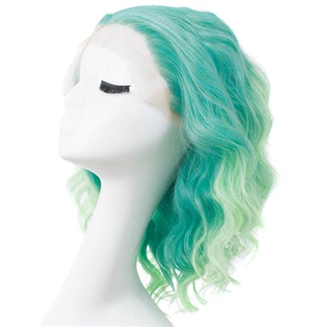 Imstyle Short Wavy Ombre Green Synthetic Lace Front Wigs 14 Inch