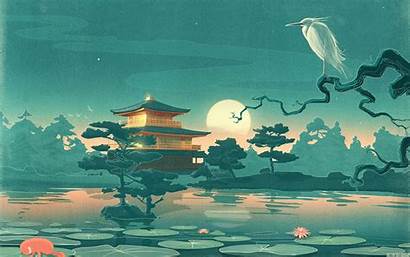 Japanese Drawing Moon Water Lake Nature Night