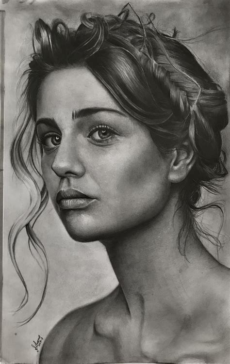 A Black And White Drawing Of A Womans Face With Her Hair Pulled Back