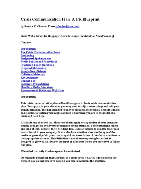 Crisis Communication Plan Sample Master Of Template Document