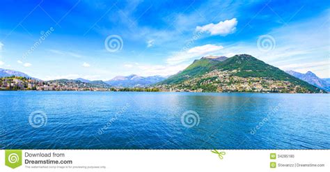 Lugano Lake Panoramic Landscape City And Mountains Ticino Swiss