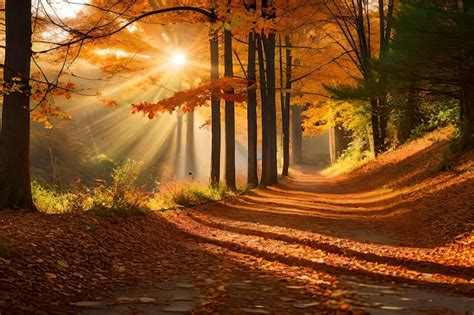 Premium Ai Image A Path In The Autumn Forest With The Sun Shining