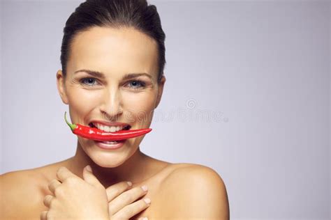 Lovely Woman With Hot Chili Pepper In Mouth Stock Image Image Of Chili Lips 34384435