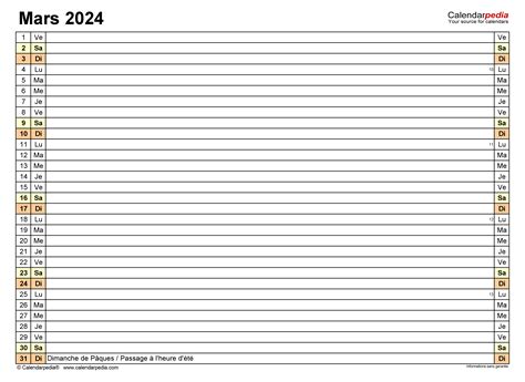 Calendrier Mars 2024 Excel Word Et Pdf Calendarpedia