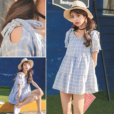2016 Korean Summer Girl Fresh And Sweet Hollow Strapless Plaids Dress