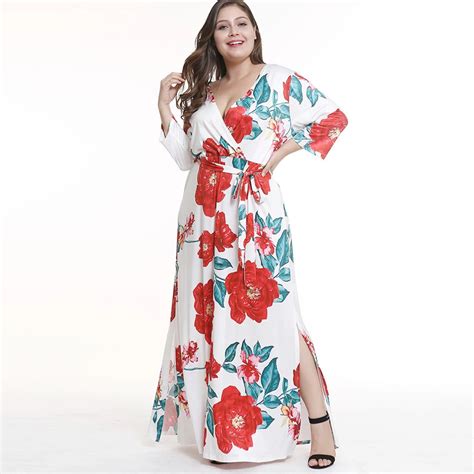 Women Large Sizes 3xl Sexy Long Dress Floral Print Side Split Lace Up Autumn V Neck New Fashion