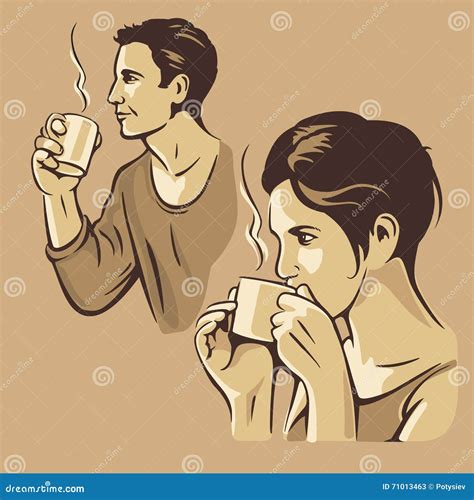 Man And Woman Drinking Coffee Vector Vintage Monochrome Illustration