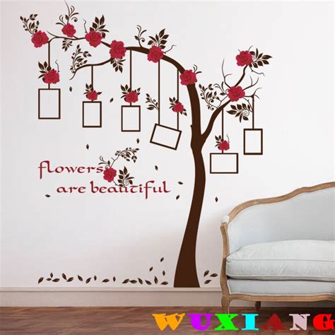 【wuxiang】wall Sticker Home Decal Bunga Merah Photo Frame Pokok Besar