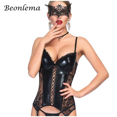 beonlema sexy corset lingerie women faux leather gothic bustiers black overbust corset see