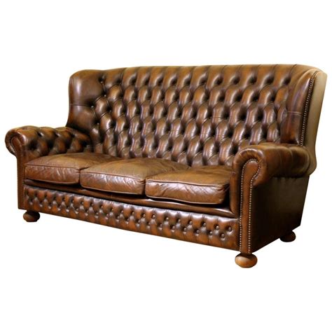 Vintage Chesterfield Sofa Brown Leather High Back Three Seats And