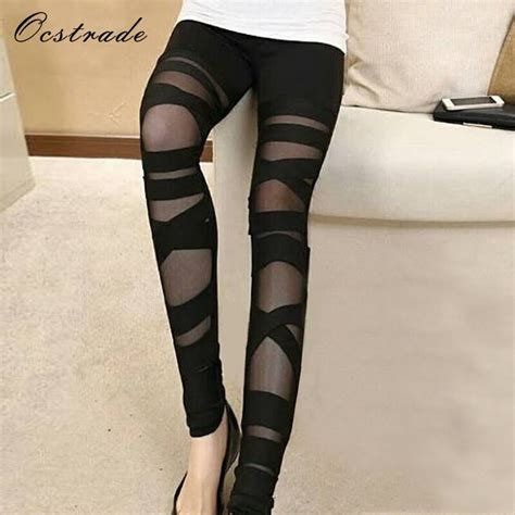 ocstrade fall 2017 fashion sexy high waist bandage pants women black mesh bandage leggings