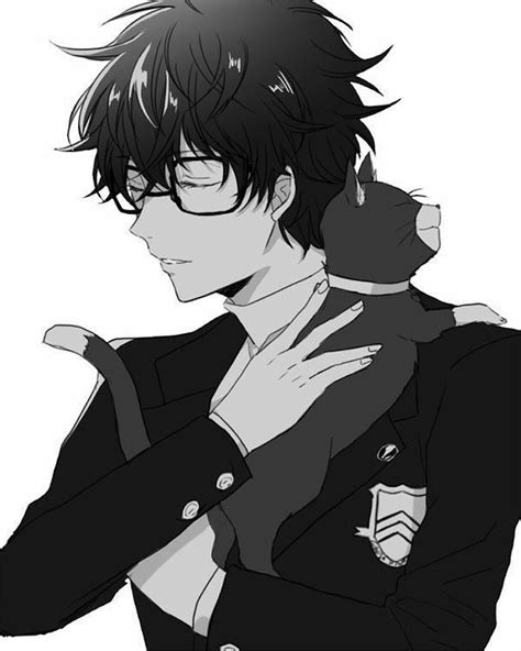 An Anime Character With Black Hair And Glasses Holding His Hand On His Chest Looking To The