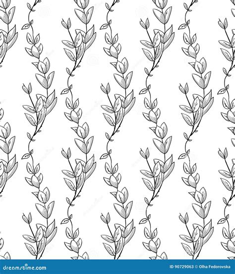 Vector Black Seamless Pattern With Drawn Branches Plants Stock Vector