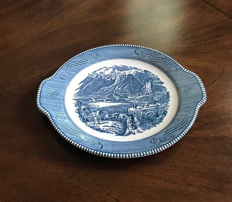 Royal Usa Currier And Ives Blue Handled Ironstone Cake Etsy Blue