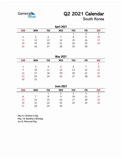2021 Q2 Calendar With Holidays List For South Korea