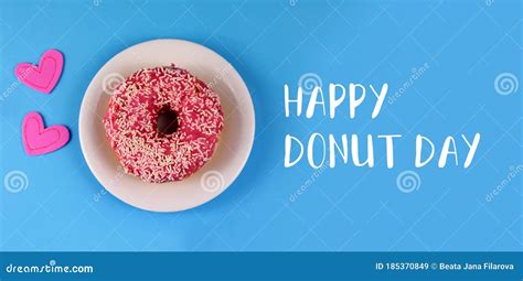 Happy Donut Day Inscription With Pink Donut Stock Images Stock Image