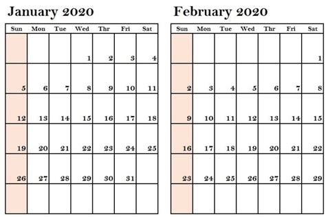 January February 2020 Calendar Blank Editable Template February