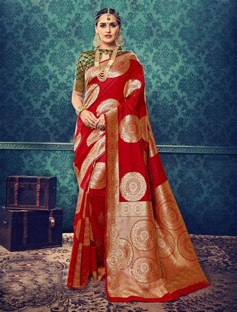 Beautiful Red Cotton Silk Saree For Indian Weddings Party Wear Sarees Silk Sarees Party Wear