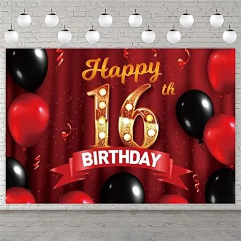 Happy 16th Birthday Red Banner Gold Backdrop Red And Black Balloons