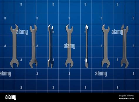 3d Illustration Of Metal Keys Wrenches Of Different Sizes Lie On A Blue