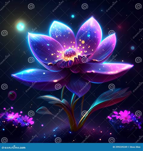 Magic Lotus Flower On A Dark Background Vector Illustration In Neon