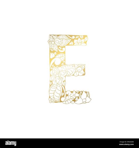 Golden Floral Ornamental Alphabet Initial Letter E Font Vector