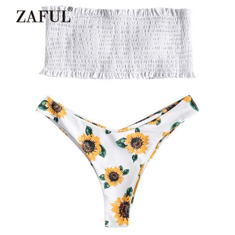 Buy Zaful Bandeau Smocked Bikini Sunflower Swimwear