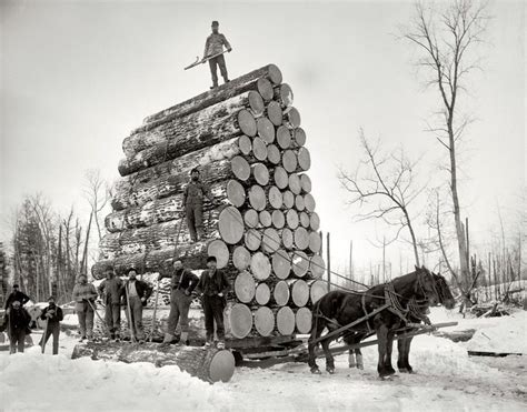 1890 Michigan Lumberjacks Snowy Scene Horse Drawn Sled Early Americana